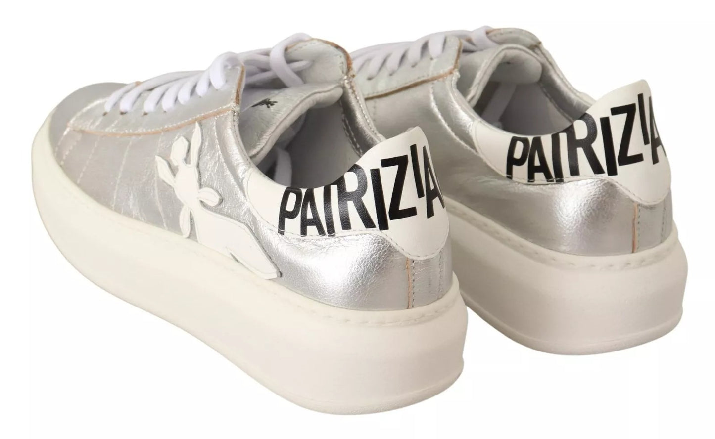 Patrizia Pepe Silver Full Grain Leather Lace Up Sneakers Shoes