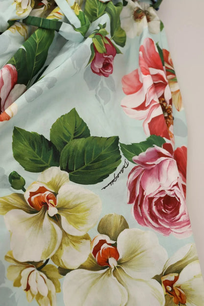 Dolce & Gabbana Green Floral Short Sleeves Cotton V-neck Dress