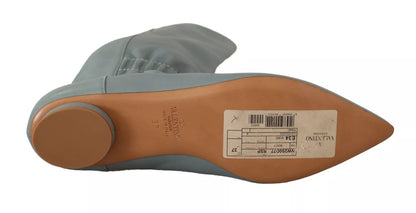 Valentino Blue Leather Elastic Flats Pull On Knee High Boots Shoes