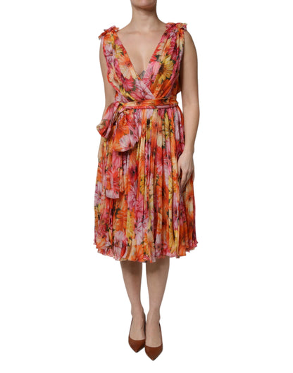 Dolce & Gabbana Multicolor Floral Silk V-neck Chiffon Dress