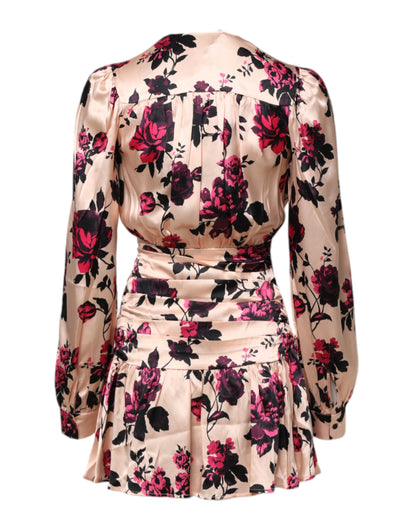 Laneus Pink Floral Silk Long Sleeves V-neck Wrap Mini Dress
