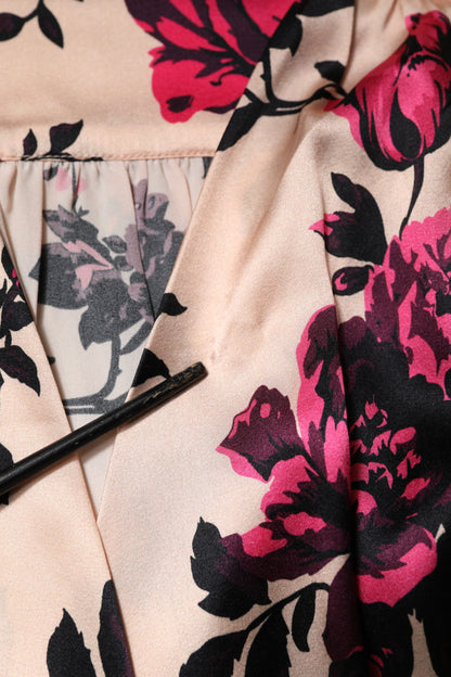 Laneus Pink Floral Silk Long Sleeves V-neck Wrap Mini Dress