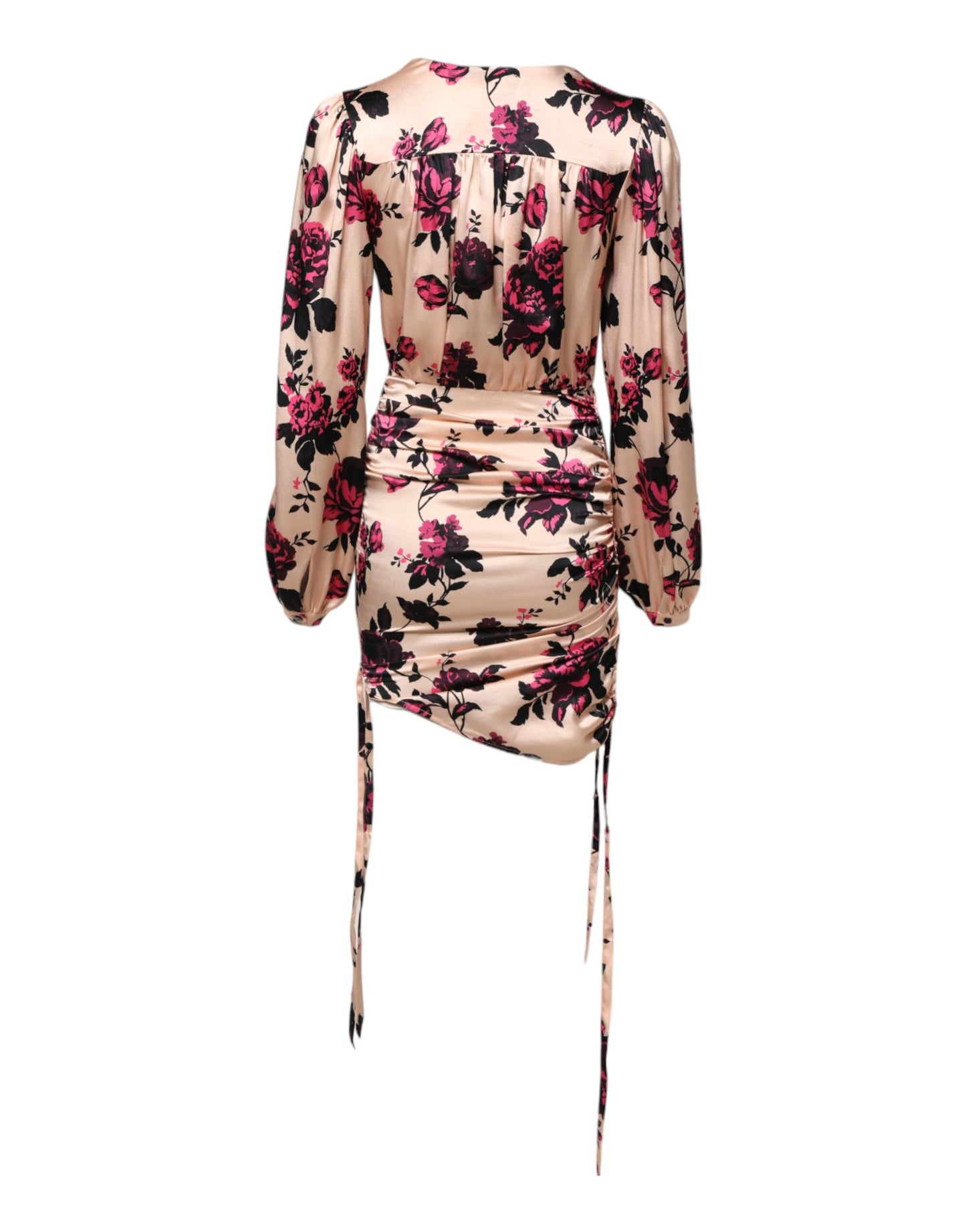 Laneus Pink Floral Silk Long Sleeves V-neck Ruched Mini Dress