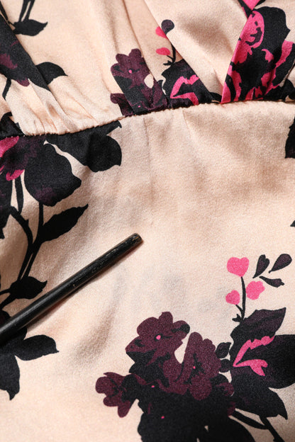 Laneus Pink Floral Silk Long Sleeves V-neck Ruched Mini Dress