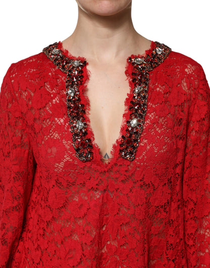 Dolce & Gabbana Red Floral Lace Rhinestone Embellished Dress