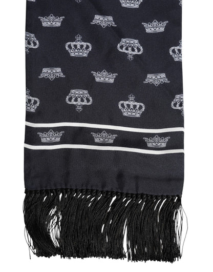 Dolce & Gabbana Black Silk Crown Fringes Men Foulard Scarf
