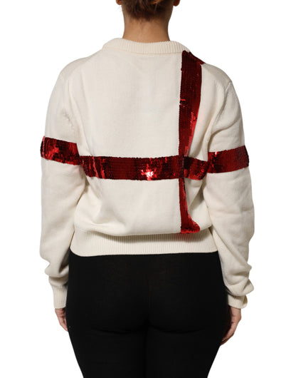 Dolce & Gabbana White Sequined Crew Neck Pullover Sweater
