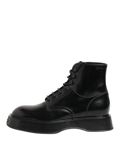 Dolce & Gabbana Black Leather Logo Ankle Boots Lace Up Shoes