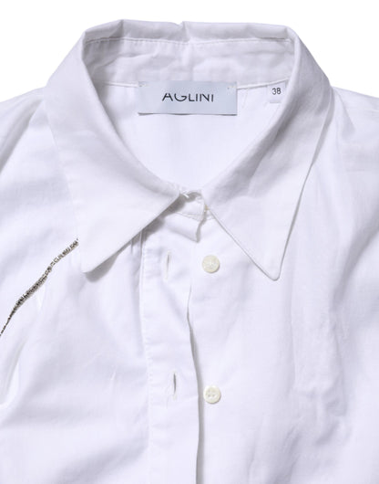 AGLINI White Cotton Collared Long Sleeves Ruffle Top Shirt