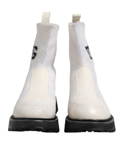 Dolce & Gabbana White Beige DG Logo Mid Calf Boots Shoes