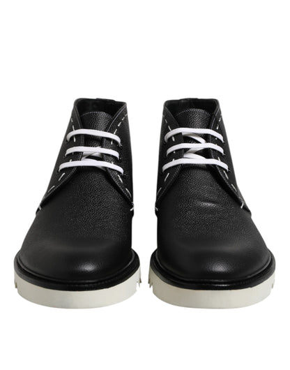 Dolce & Gabbana Black White Leather Ankle Boots Shoes