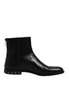 Dolce & Gabbana Black Leather Logo Ankle Boots Studded Shoes