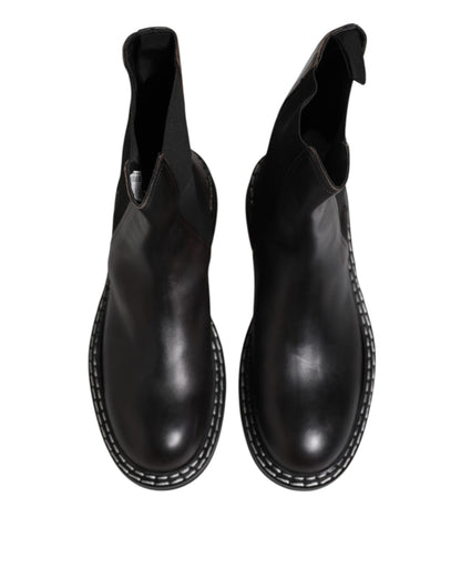 Dolce & Gabbana Black Leather Mid Calf Boots Flats Shoes
