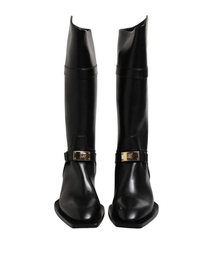 Dolce & Gabbana Black Leather High Boots Flats Shoes