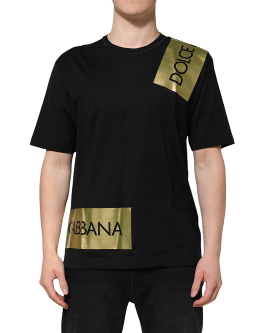 Dolce & Gabbana Black Logo Tape Cotton Men Crew Neck T-shirt