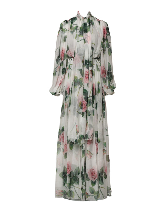 Dolce & Gabbana White Floral Roses Silk Maxi Long Gown Dress