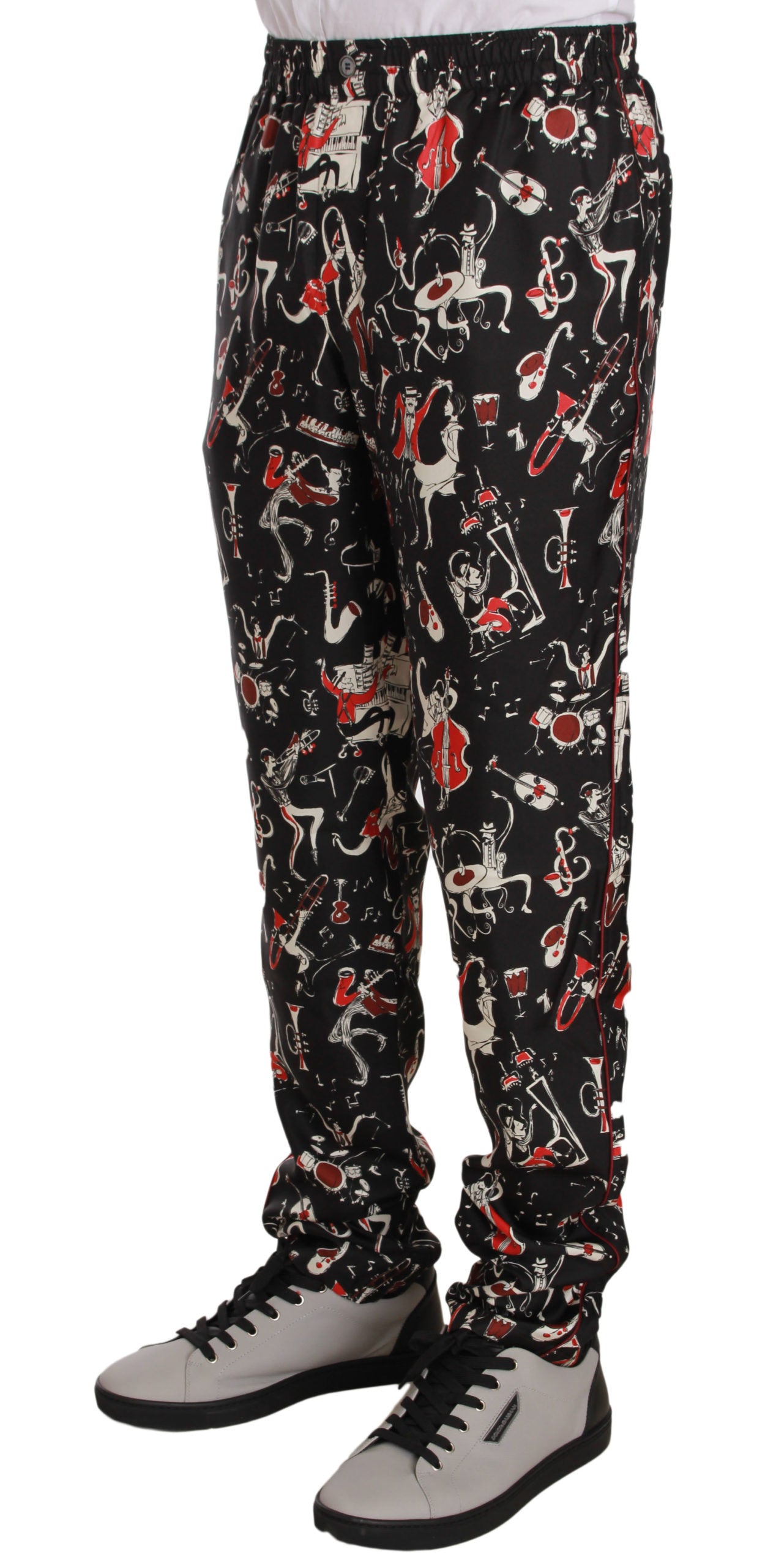 Dolce & Gabbana Elegant Black Silk Lounge Pants with Red Print