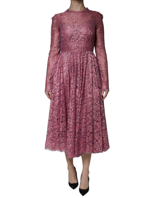 Dolce & Gabbana Pink Floral Lace Long Sleeve Midi Dress
