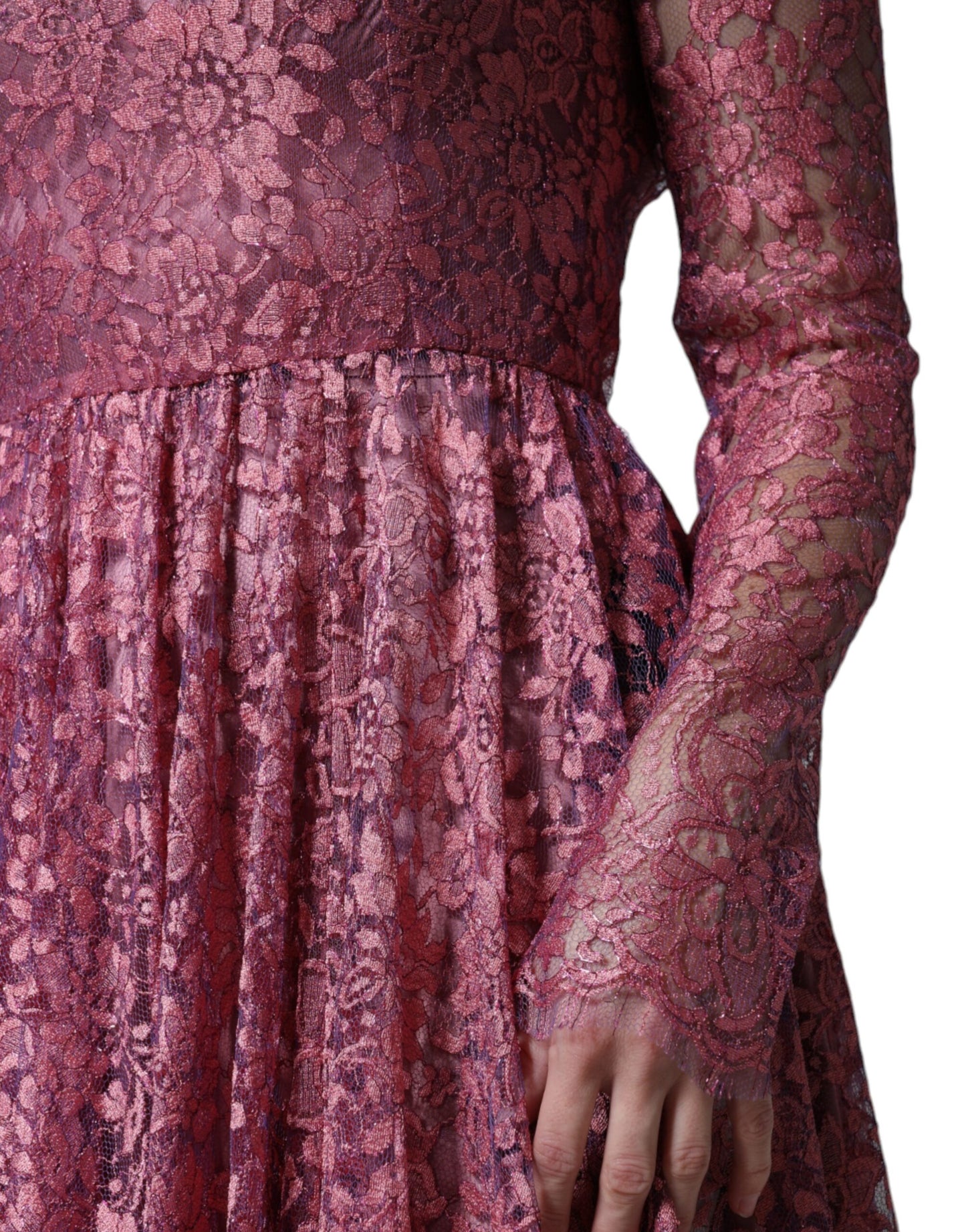Dolce & Gabbana Pink Floral Lace Long Sleeve Midi Dress