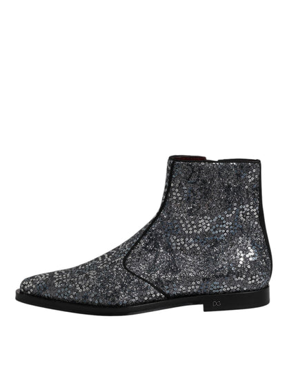 Dolce & Gabbana Dark Gray Cotton Sequined Chelsea Boots Shoes