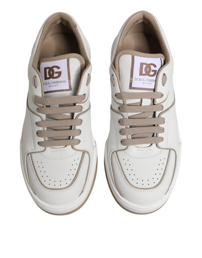 Dolce & Gabbana White Brown Leather Low Top Men Sneakers Shoes