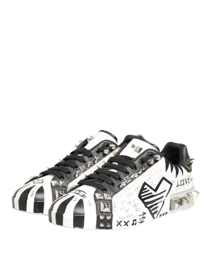 Dolce & Gabbana White Studded Printed Low Top Sneakers Shoes