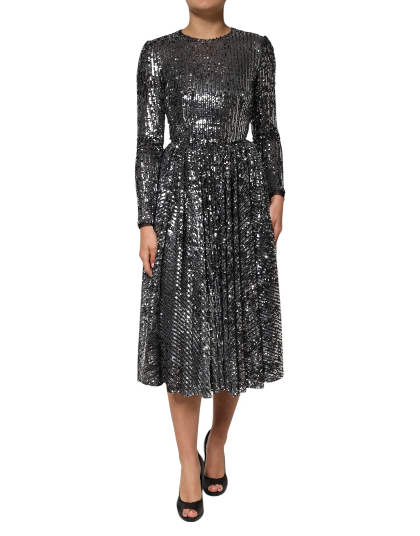 Dolce & Gabbana Black Sequined Long Sleeves Midi A-line  Dress