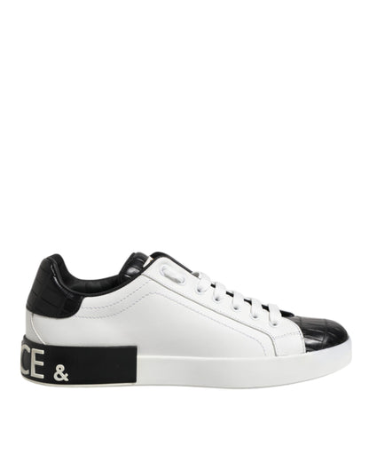 Dolce & Gabbana White Black Leather Portofino Sneaker Shoes