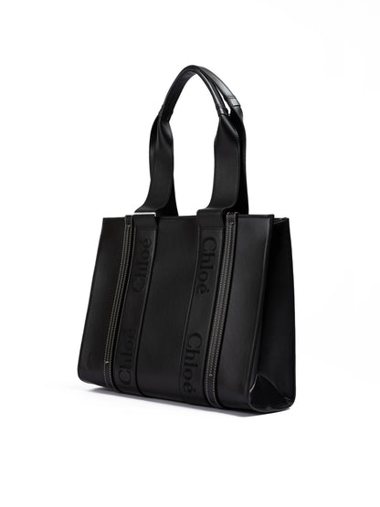 Chloé Black Woody Embroidered Logo Leather Medium Tote Bag