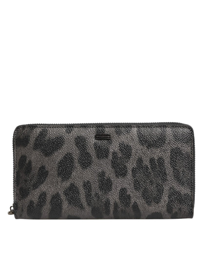 Dolce & Gabbana Black Gray Leopard Leather Zip Around Continental Wallet