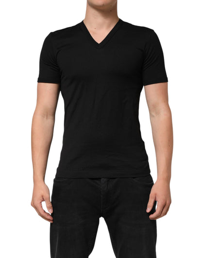 Dolce & Gabbana Black Cotton Plain V-Neck Men Shirt T-shirt