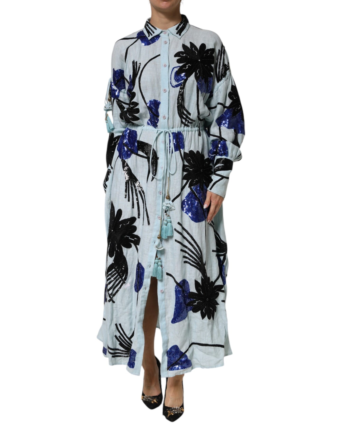 Christian Pellizzari Blue Sequin Embellished Shirt Maxi Dress