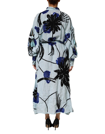 Christian Pellizzari Blue Sequin Embellished Shirt Maxi Dress