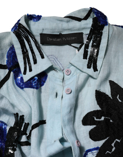 Christian Pellizzari Blue Sequin Embellished Shirt Maxi Dress