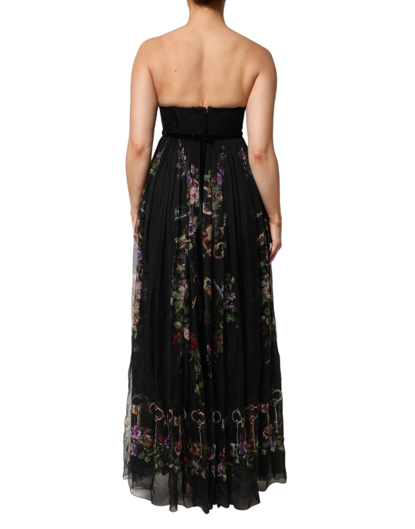 Dolce & Gabbana Black Floral Key Print Crystal Strapless Dress