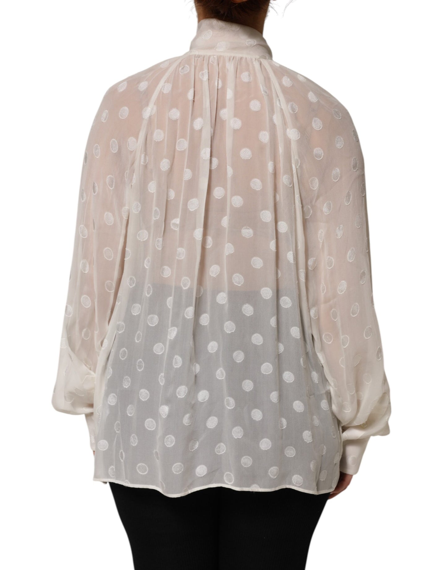 Dolce & Gabbana White Polka Sheer Silk Bow Tie Shirt Blouse Top