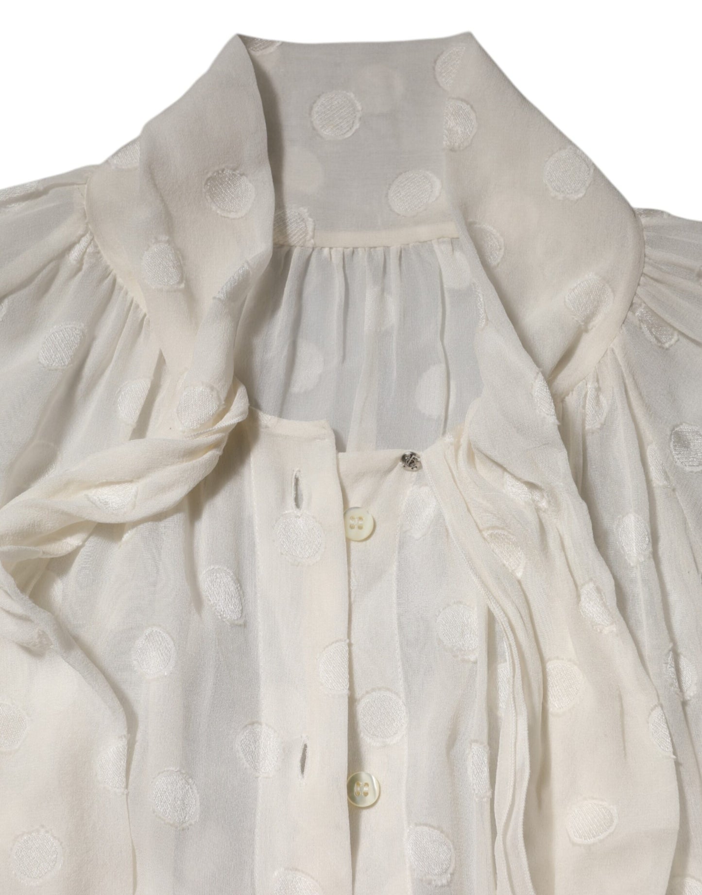 Dolce & Gabbana White Polka Sheer Silk Bow Tie Shirt Blouse Top