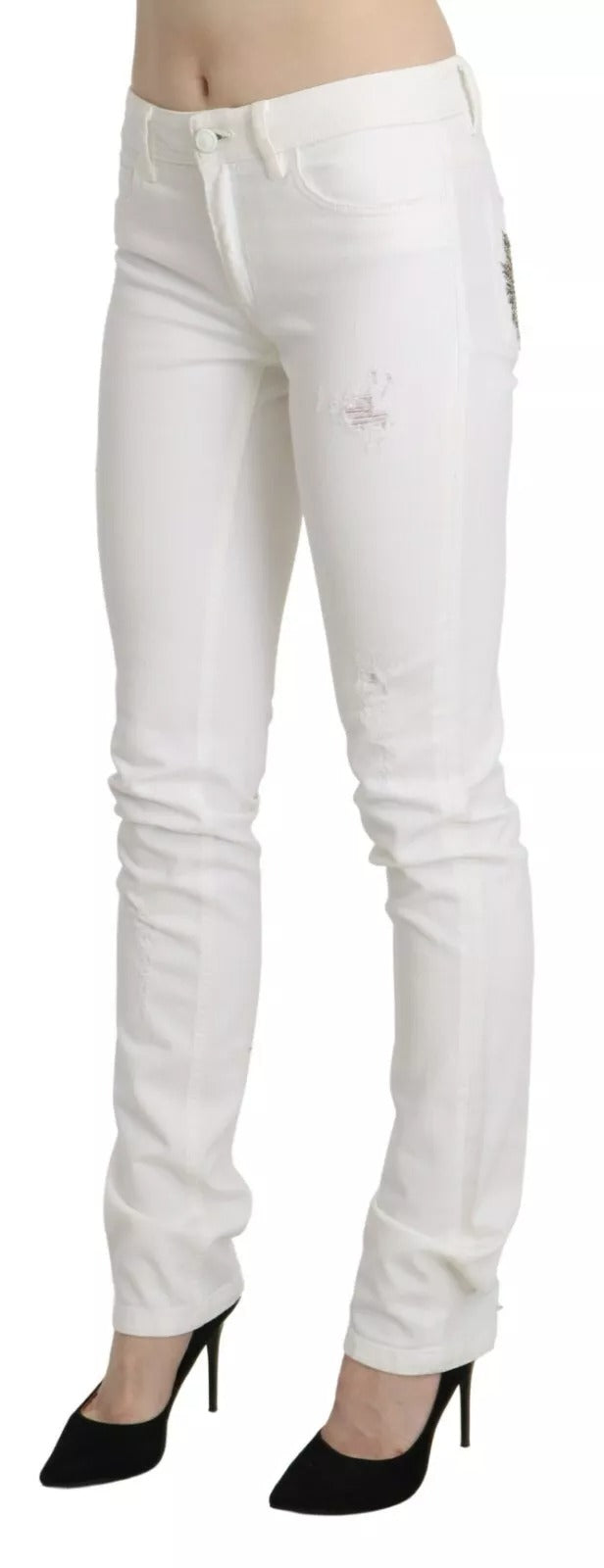 Just Cavalli White Cotton Slim Fit Mid Waist Skinny Trouser Jeans
