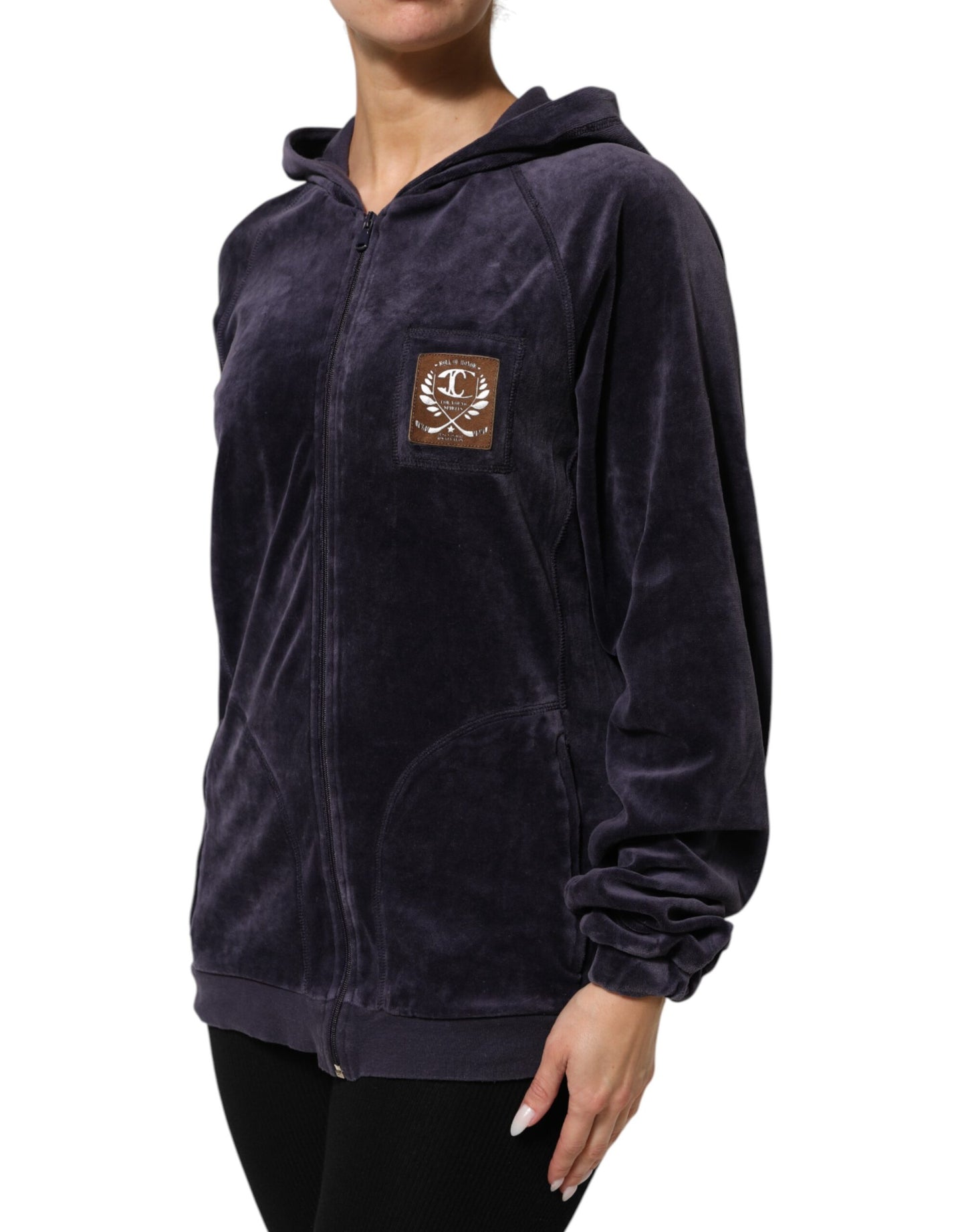 Cavalli Class Purple Cotton Blend Velvet Zip-Up Hoodie Sweatshirt Sweater