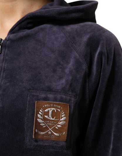Cavalli Class Purple Cotton Blend Velvet Zip-Up Hoodie Sweatshirt Sweater