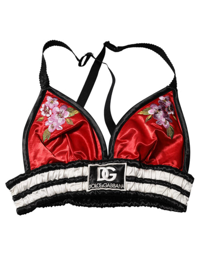 Dolce & Gabbana Red Satin Floral Embroidered Bralette Crop Top