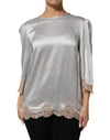 Dolce & Gabbana Gray Silk Satin Floral Lace Long Sleeve Top