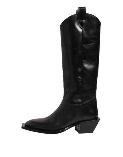 Dolce & Gabbana Black Leather Over The Calf Biker Boots Shoes