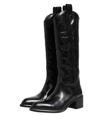 Dolce & Gabbana Black Leather Over The Calf Biker Boots Shoes