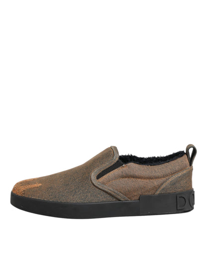 Dolce & Gabbana Brown Cotton Low Top Slip On Sneakers Shoes