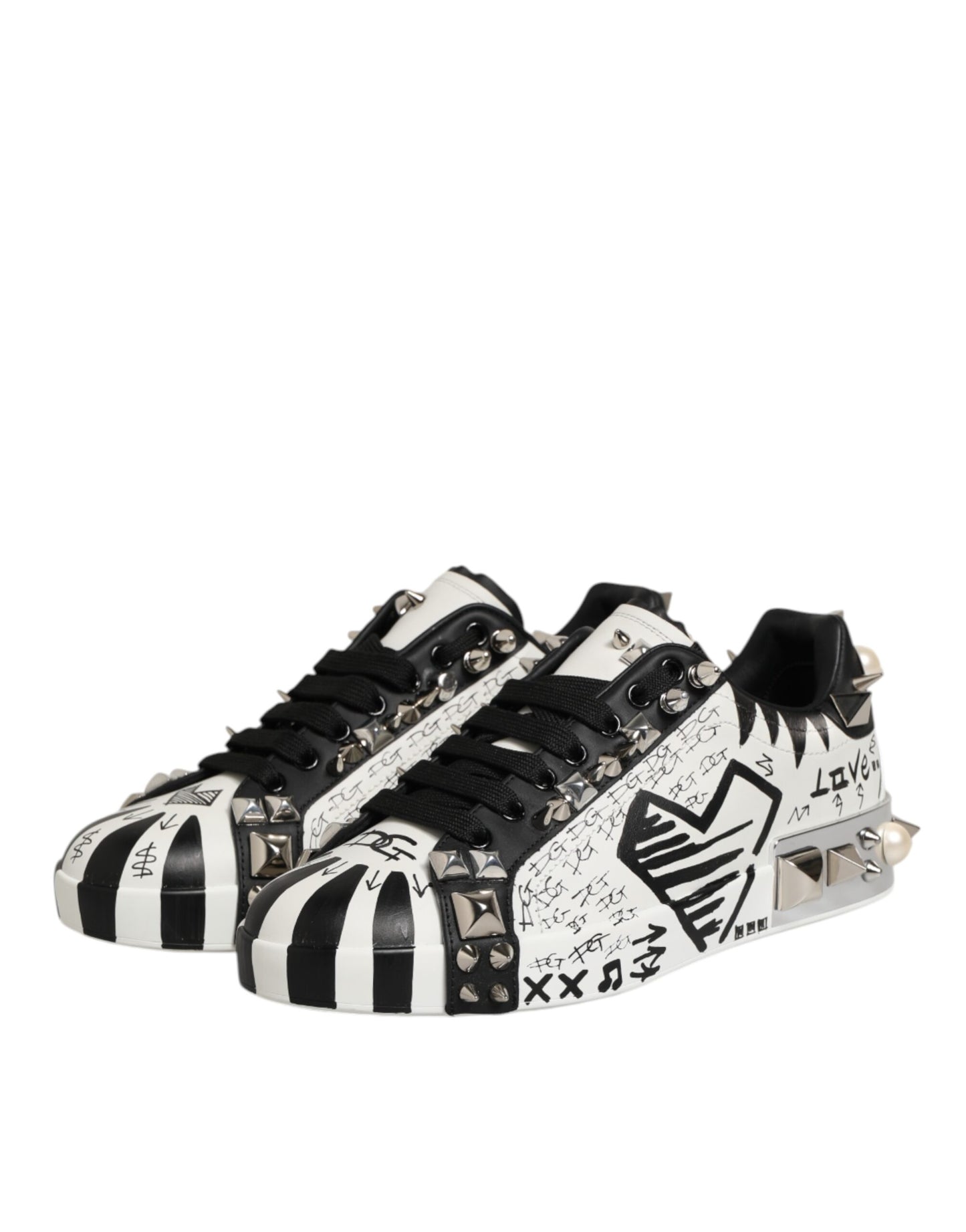 Dolce & Gabbana Black White Studded Low Top Sneakers Shoes