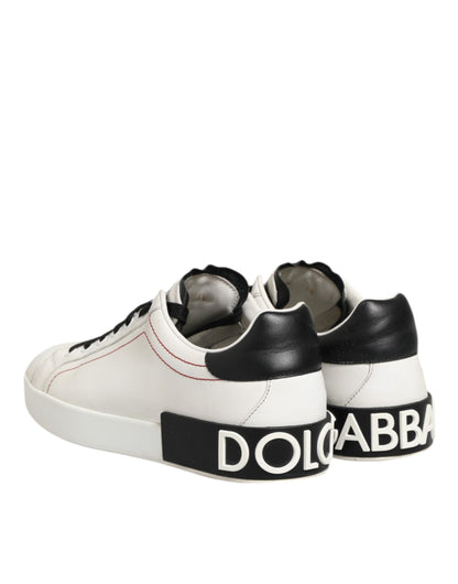 Dolce & Gabbana White Black Leather Low Top Sneaker Shoes