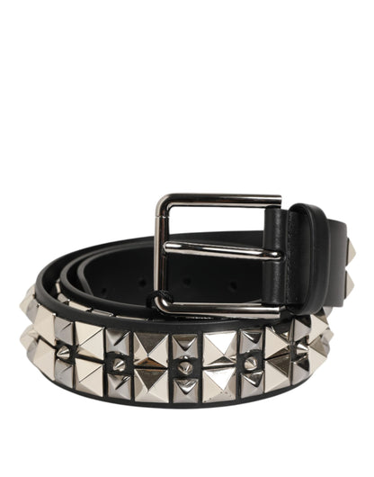 Dolce & Gabbana Black Calf Leather Studded Silver Buckle Belt