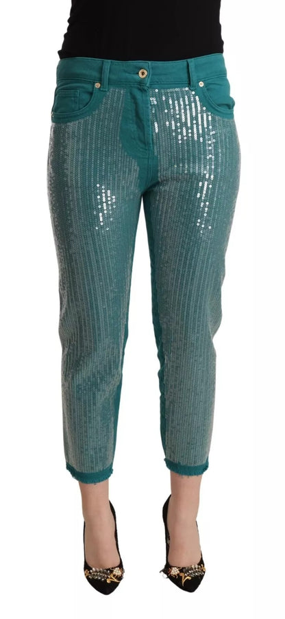 Blumarine Cadet Blue Sequined Low Waist Cropped Trouser Pants