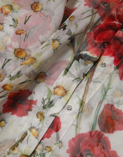 Dolce & Gabbana White Floral Tie-Neck Poppy Print Blouse Top